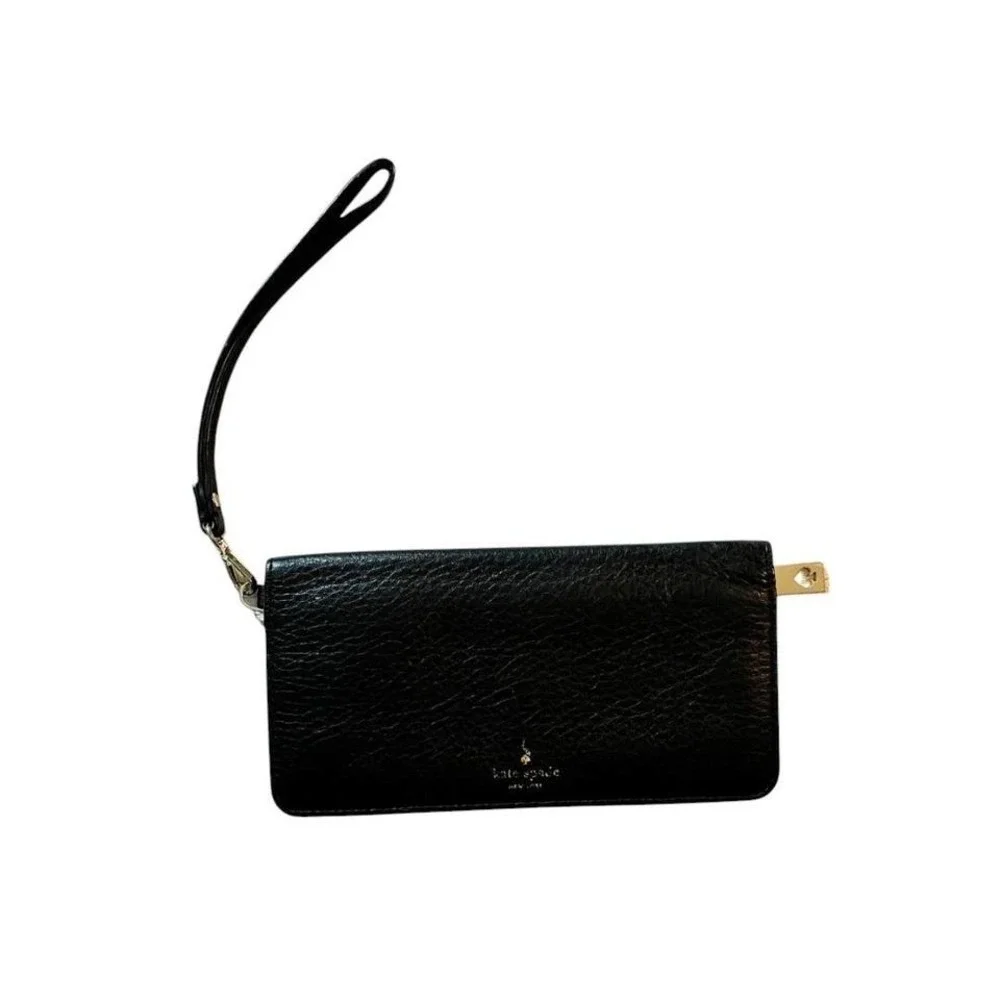 Kate Spade New York Black Pebbled Leather Wristlet Wallet Clutch Gold Hardware